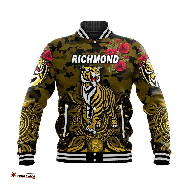 Custom Personalised Richmond Tigers ANZAC Baseball Jacket Indigenous Vibes - Black