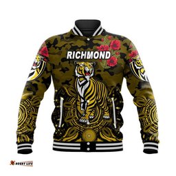 Custom Personalised Richmond Tigers ANZAC Baseball Jacket Indigenous Vibes - Black