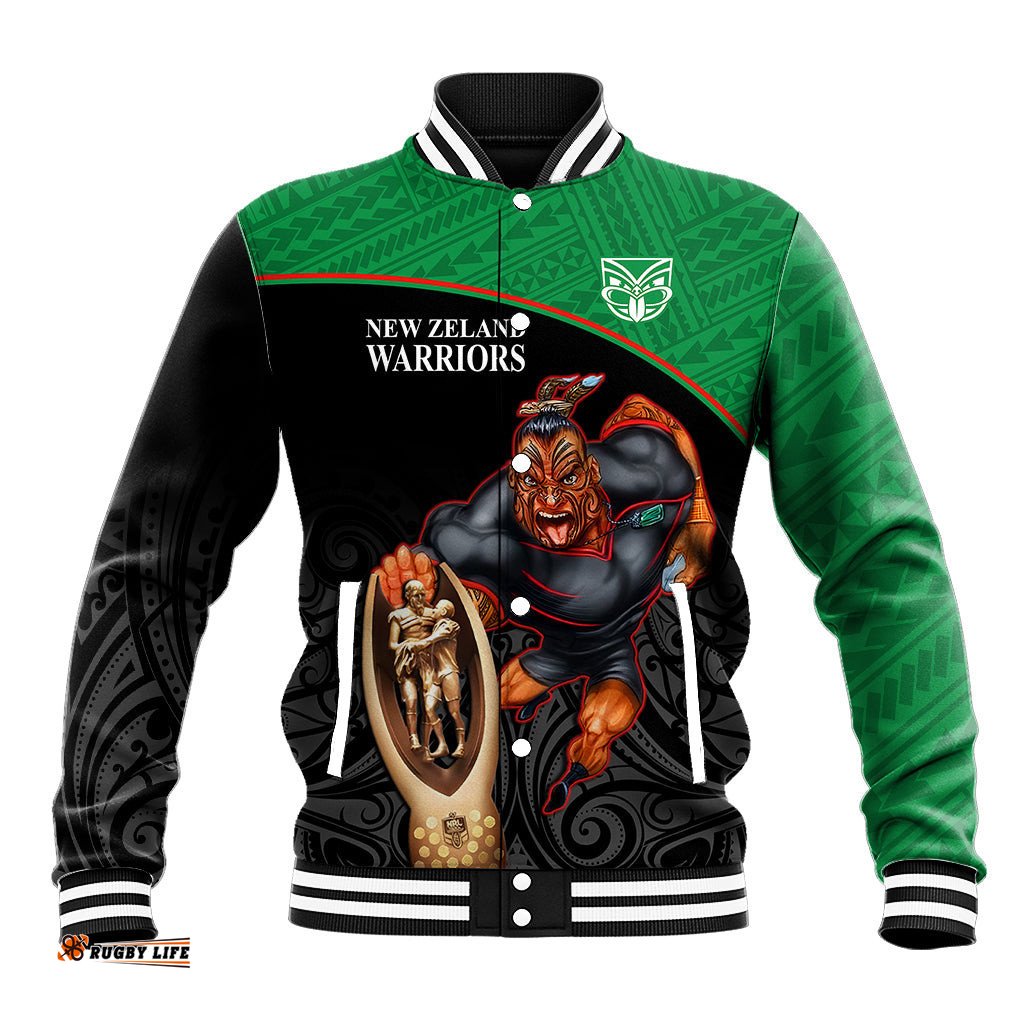 Warriors Rugby Baseball Jacket Go Champions Aotearoa Mascot With Polynesian Maori Pattern