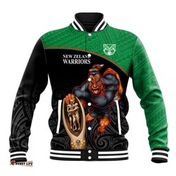 Warriors Rugby Baseball Jacket Go Champions Aotearoa Mascot With Polynesian Maori Pattern