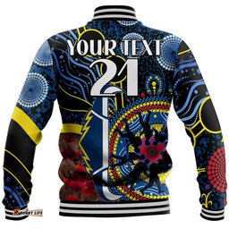 Custom Personalised Cowboys Rugby ANZAC Baseball Jacket Aboriginal Military and Poppy Flowers
