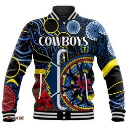 Custom Personalised Cowboys Rugby ANZAC Baseball Jacket Aboriginal Military and Poppy Flowers