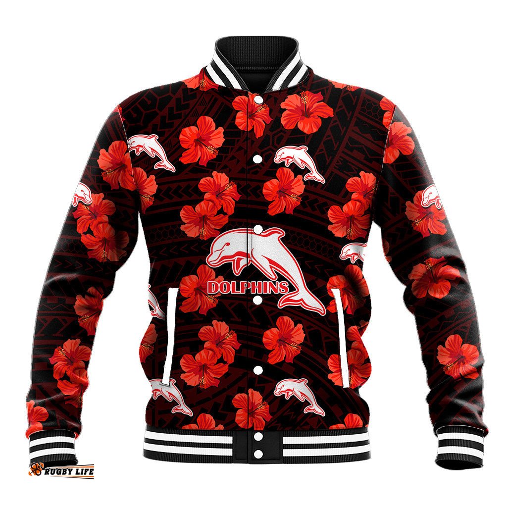 Custom Text And Number Dolphins Rugby Baseball Jacket Polynesian Style With Hibiscus