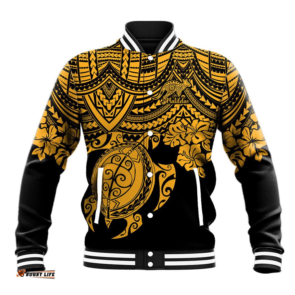 Custom Australia Matildas Baseball Jacket Hibiscus and Turtle With Polynesian Pattern
