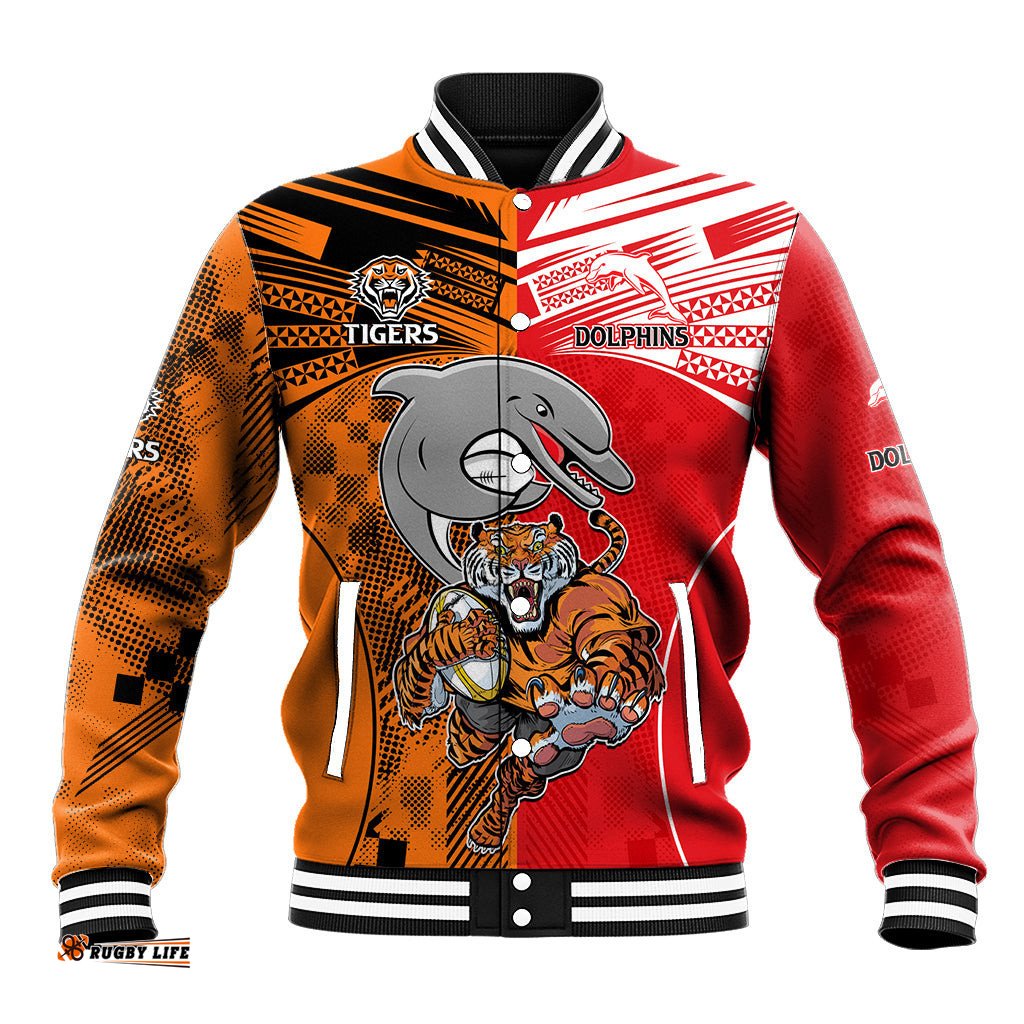 Custom Text And Number NRL Half Dolphins and Half Tigers Baseball Jacket Sporty Style