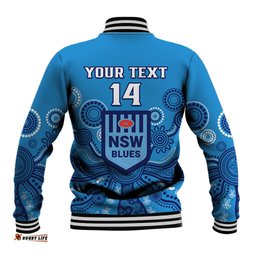 Personalised NSW Rugby Baseball Jacket Blues Aboriginal Art