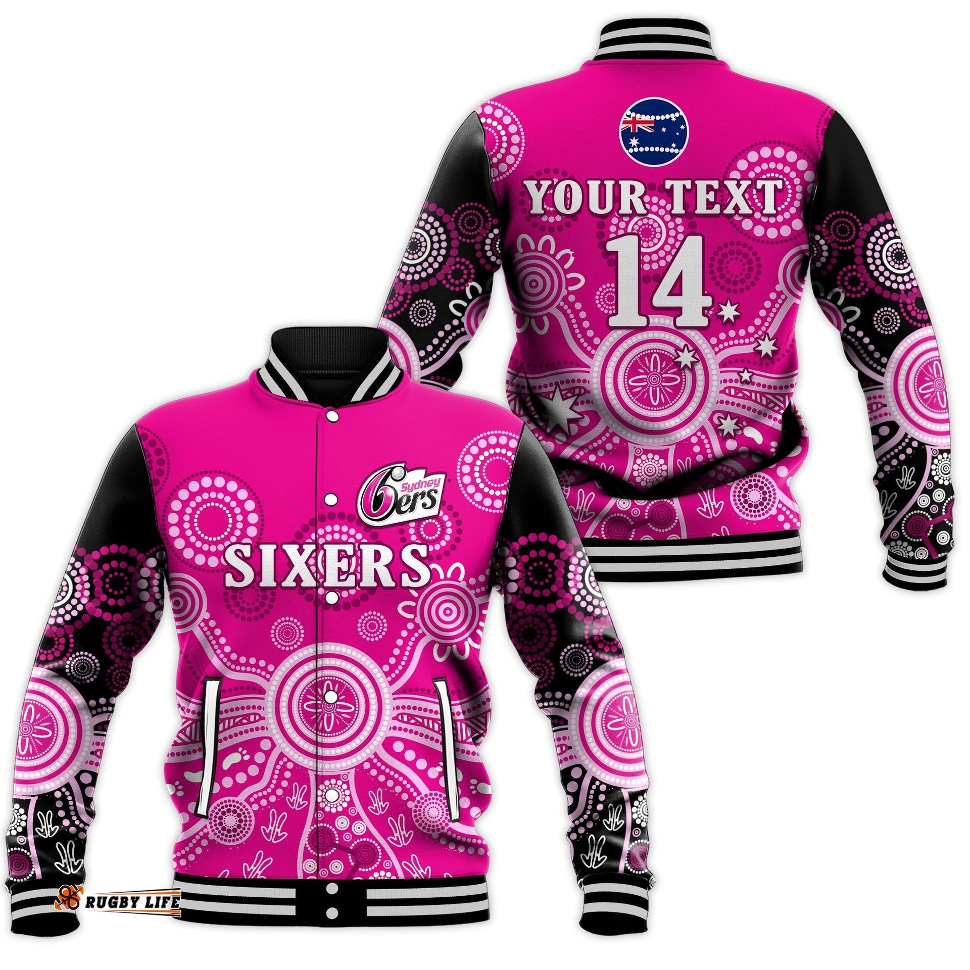 Custom Text And Number Sydney Sixers Baseball Jacket Cricket Indigenous Australian Art Ver.01