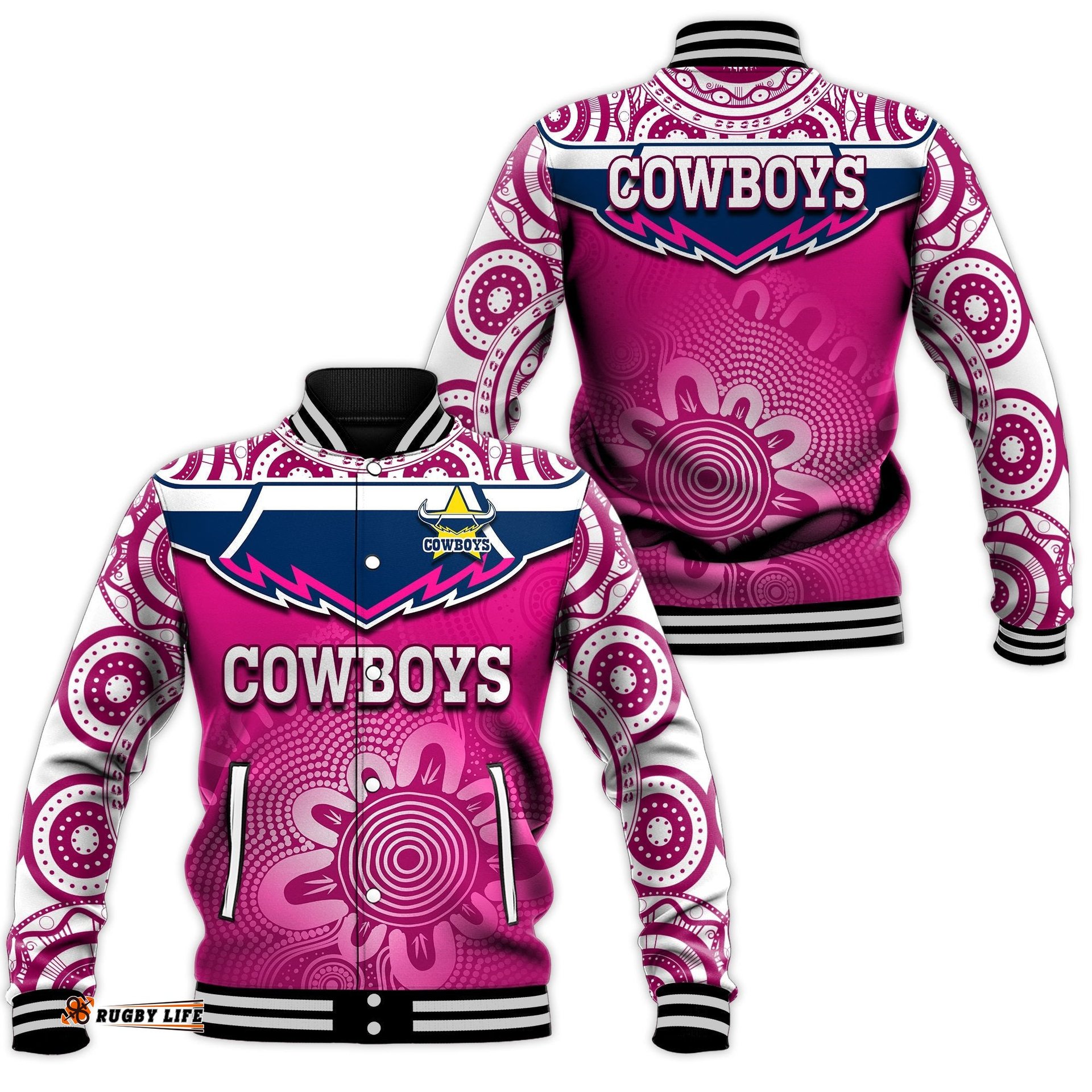 Cowboys Rugby Baseball Jacket Aboriginal Pattern Pink Version