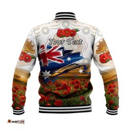 Custom Personalised Australia Aboriginal ANZAC Baseball Jacket Poppy Vibes - White