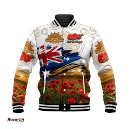 Custom Personalised Australia Aboriginal ANZAC Baseball Jacket Poppy Vibes - White