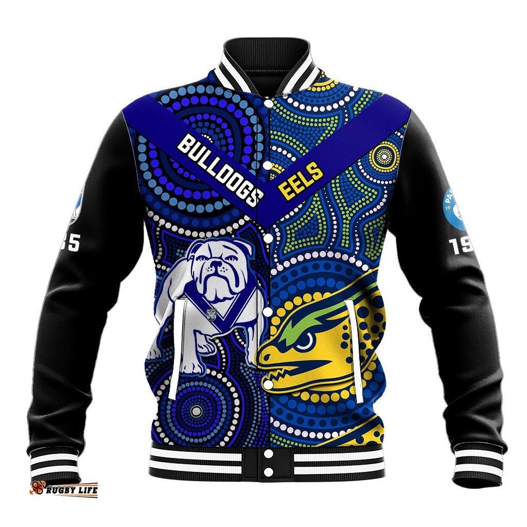 Personalised Bulldogs Mix Parramatta Eels Rugby Baseball Jacket Aboriginal Version