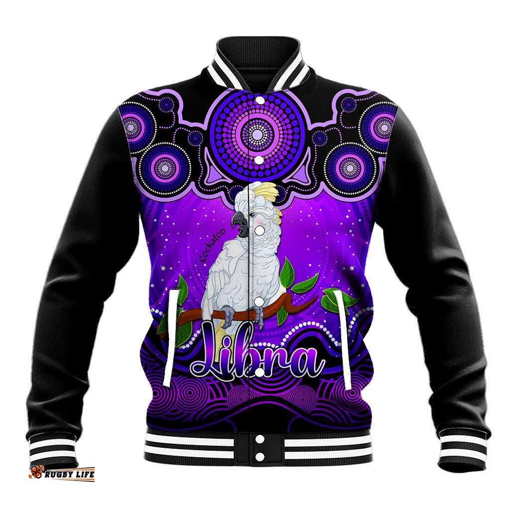 Personalised Australia Libra Cockatoo Zodiac Baseball Jacket Auz Astrology Aboriginal - Purple