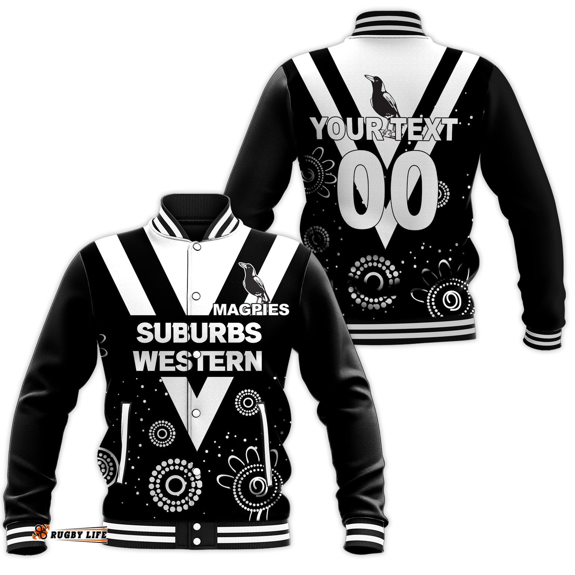 Custom Personalised Western Suburbs Magpies Baseball Jacket - Indigenous Dot Painting Art
