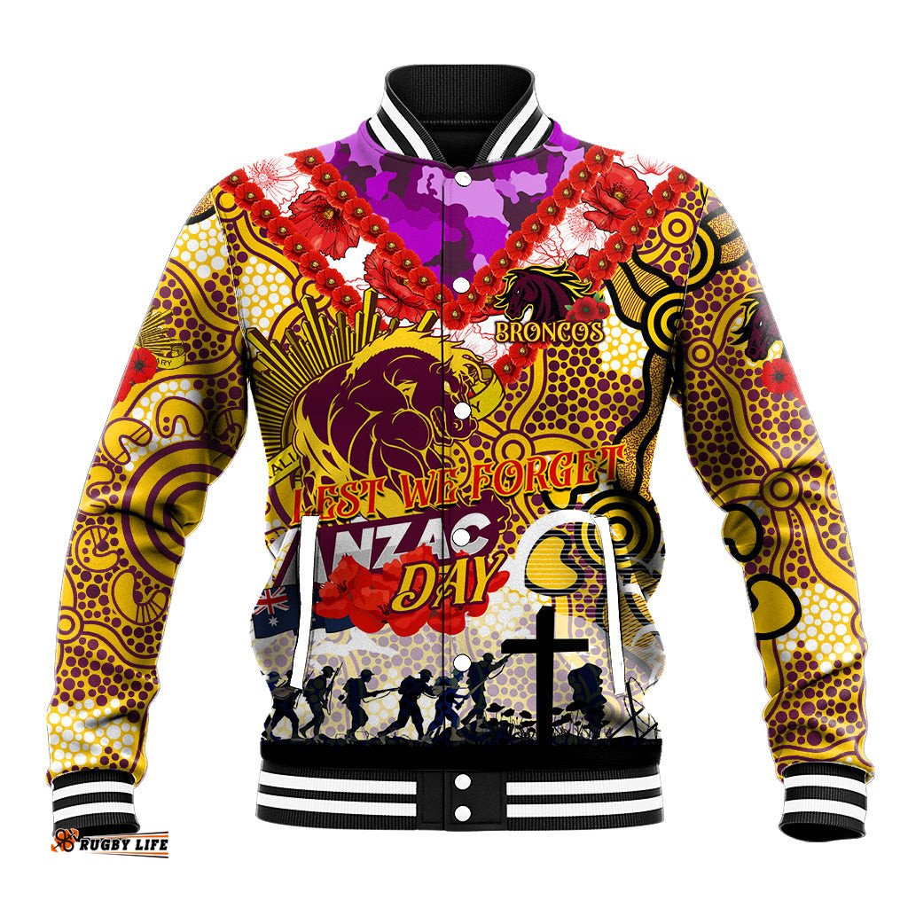 Personalised Broncos ANZAC Day Baseball Jacket Aboriginal Rising Sun DT02