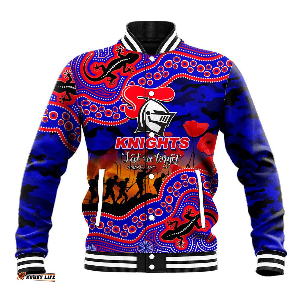 Custom Personalised Anzac Day NRL - Knights Baseball Jacket Aboriginal Lizard Patterns