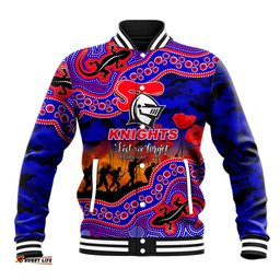 Custom Personalised Anzac Day NRL - Knights Baseball Jacket Aboriginal Lizard Patterns