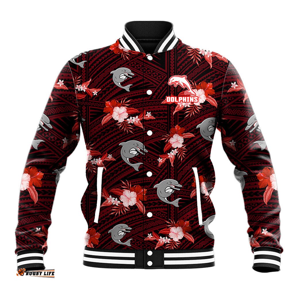 Custom Text And Number Dolphins Rugby Baseball Jacket Polynesian Tribal Mix Tropical Hawaiian Style