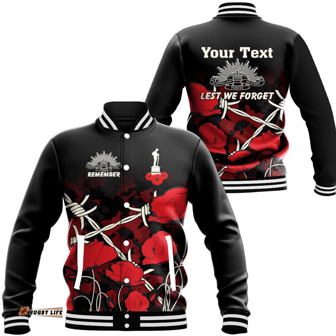 Vibe Hoodie Clothing - Custom Anzac Day Camouflage Poppy & Barbed Wire Baseball Jacket
