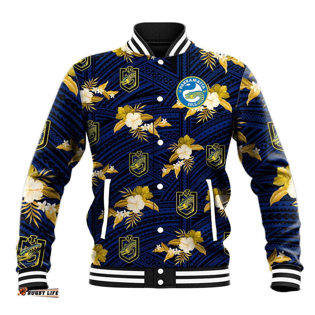 Custom Text And Number Parramatta Eels Rugby Baseball Jacket Polynesian Tribal Mix Tropical Hawaiian Style