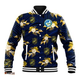 Custom Text And Number Parramatta Eels Rugby Baseball Jacket Polynesian Tribal Mix Tropical Hawaiian Style