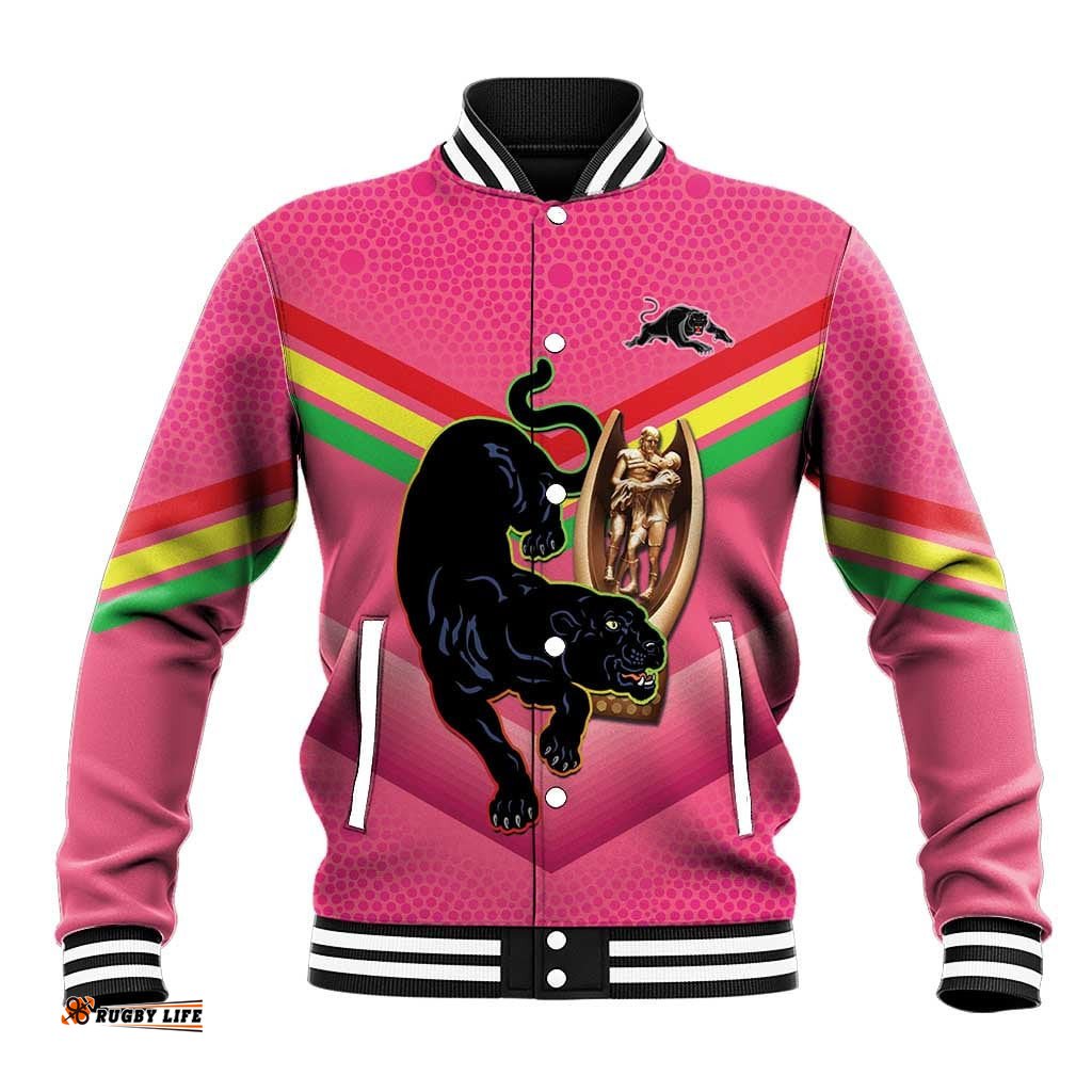 Personalised Panthers Rugby 2024 Baseball Jacket Mascot With Trophy Go Champions Aboriginal Art - Pink