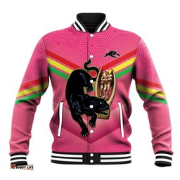 Personalised Panthers Rugby 2024 Baseball Jacket Mascot With Trophy Go Champions Aboriginal Art - Pink