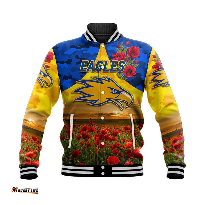Custom Personalised West Coast Eagles ANZAC Baseball Jacket Poppy Vibes - Gold
