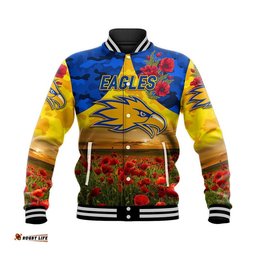 Custom Personalised West Coast Eagles ANZAC Baseball Jacket Poppy Vibes - Gold