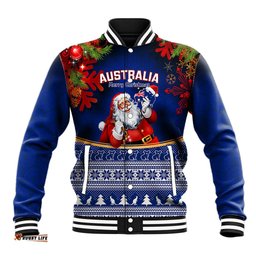 Personalised Christmas In July Baseball Jacket Happy Santa Claus With Australia Map Blue Style