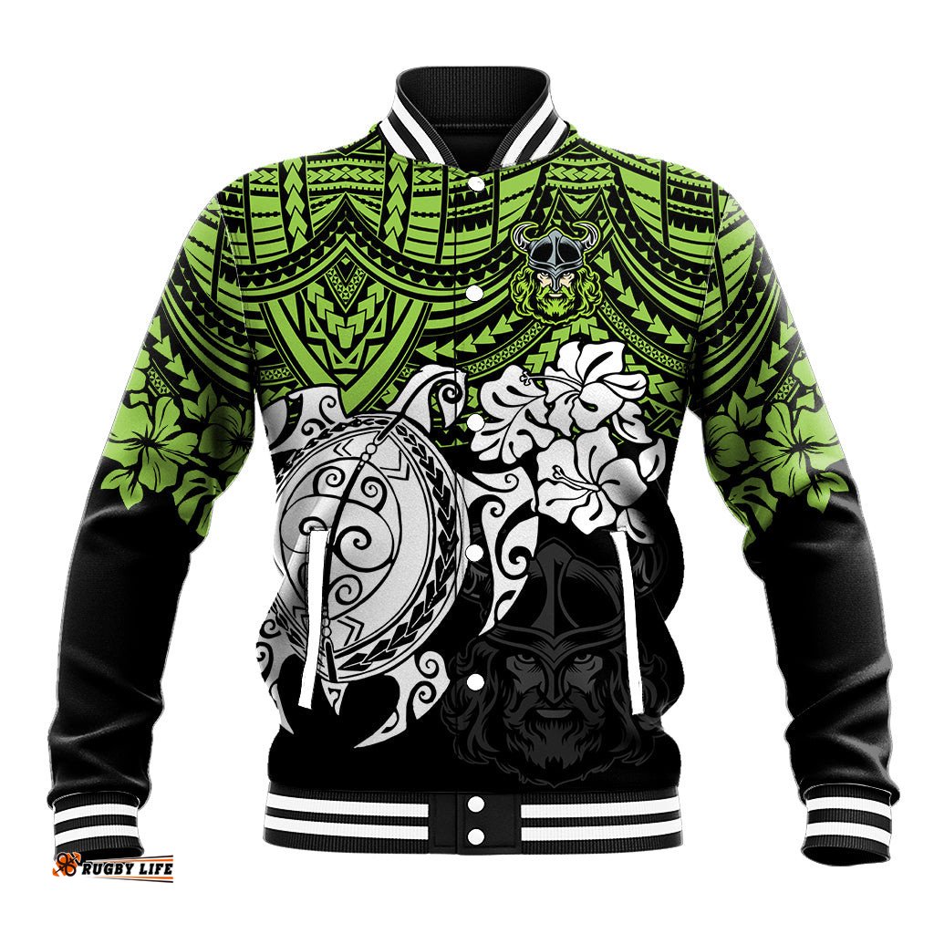 Custom Raiders Rugby Baseball Jacket Canberra Hibiscus and Turtle With Polynesian Pattern