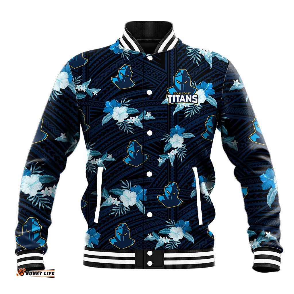 Custom Text And Number Titans Rugby Baseball Jacket Polynesian Tribal Mix Tropical Hawaiian Style