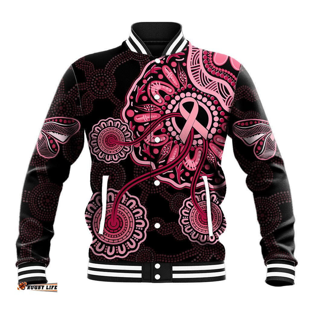 Australia Indigenous Baseball Jacket Breast Cancer Ribbon Aboriginal Art - Black