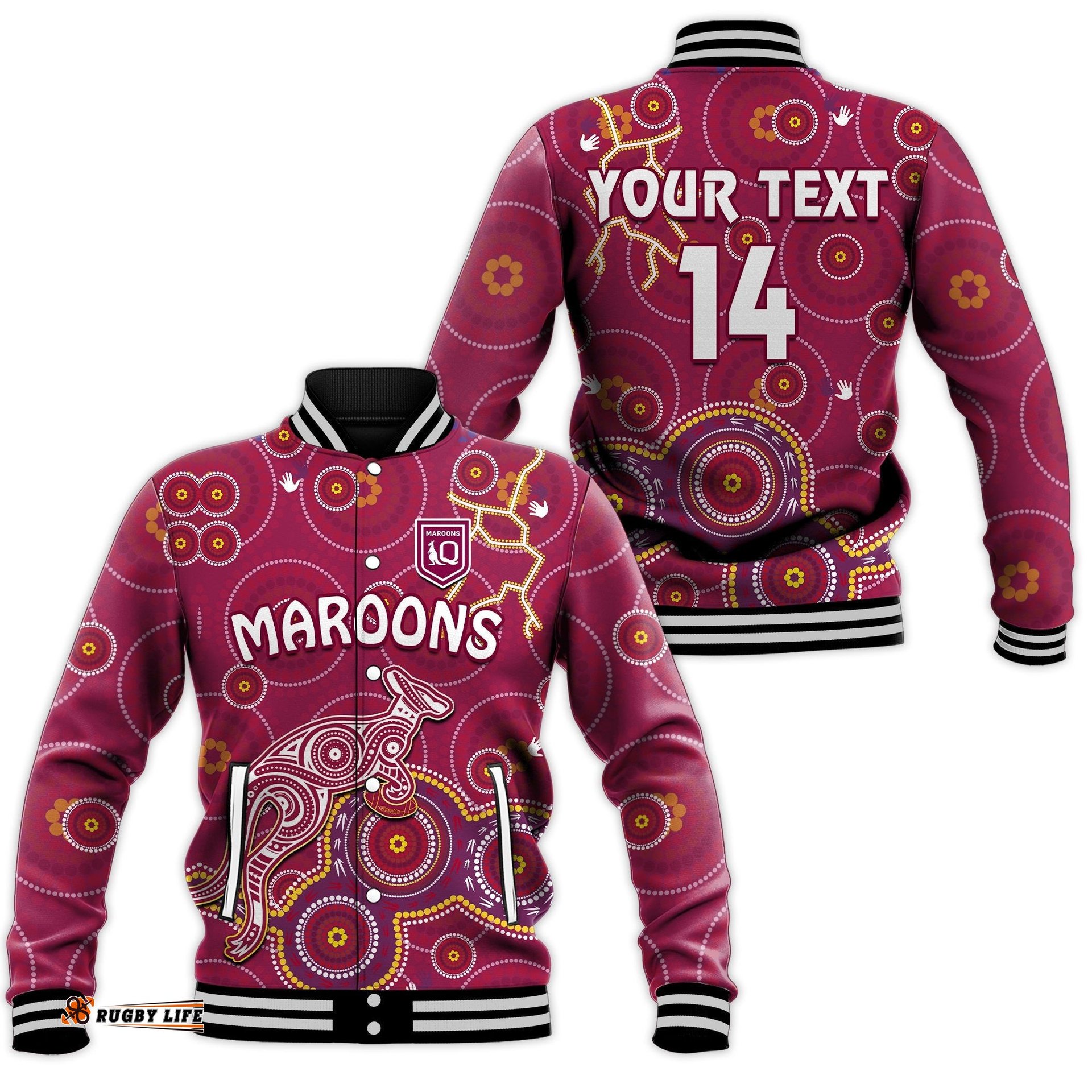 Custom Text And Number Maroons Rugby Baseball Jacket Kangaroo Indigenous Pattern Unique Version