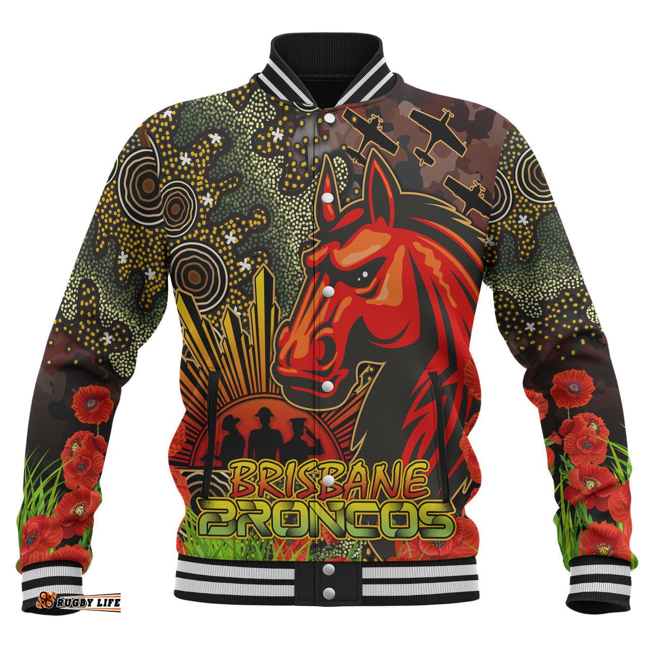 Broncos Rugby Baseball Jacket - Anzac Broncos with Remembrance Poppy and Indigenous Patterns Jacket