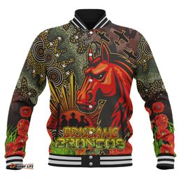 Broncos Rugby Baseball Jacket - Anzac Broncos with Remembrance Poppy and Indigenous Patterns Jacket
