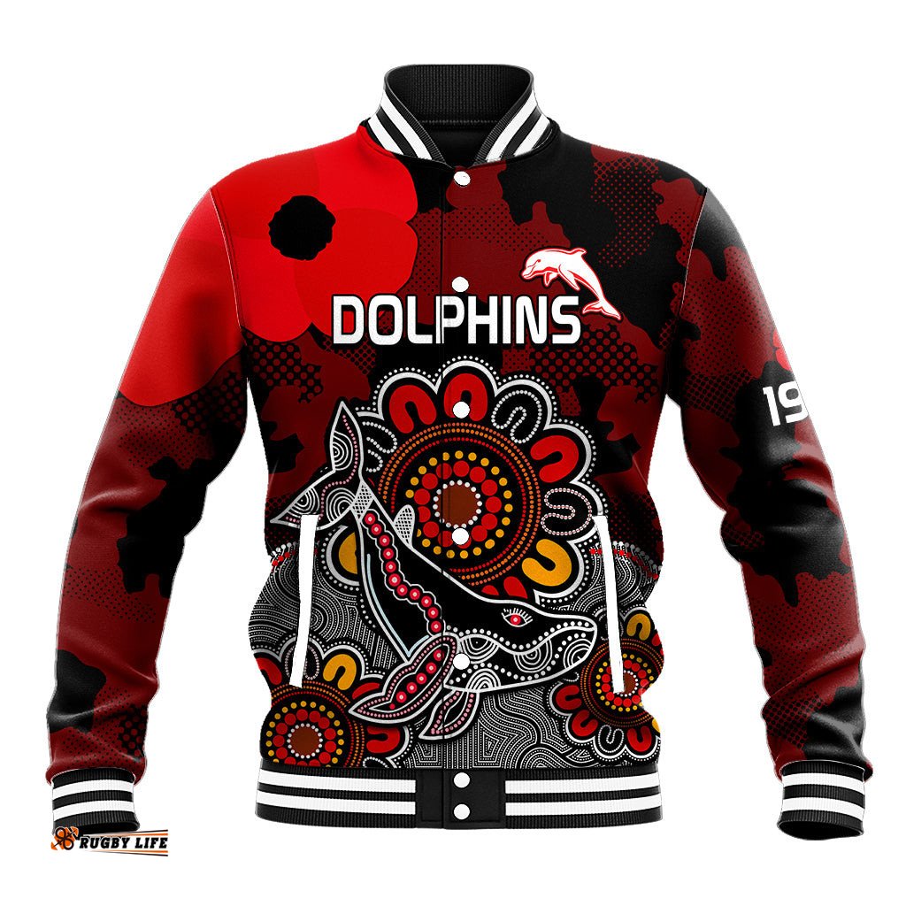 Personalised ANZAC Dolphins Rugby Baseball Jacket Indigenous Circles and Waves