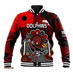 Personalised ANZAC Dolphins Rugby Baseball Jacket Indigenous Circles and Waves