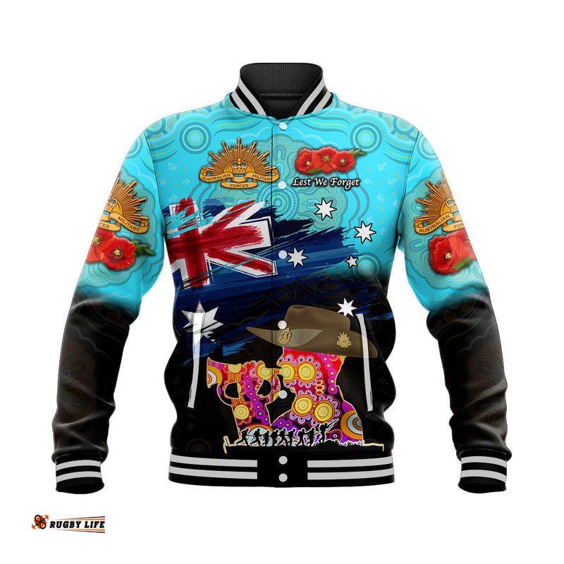 Custom Personalised Australia Aboriginal ANZAC Baseball Jacket Remembrance Vibes - Blue