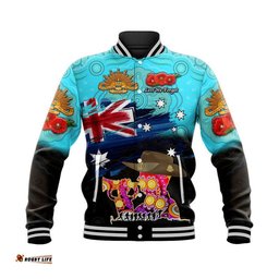 Custom Personalised Australia Aboriginal ANZAC Baseball Jacket Remembrance Vibes - Blue
