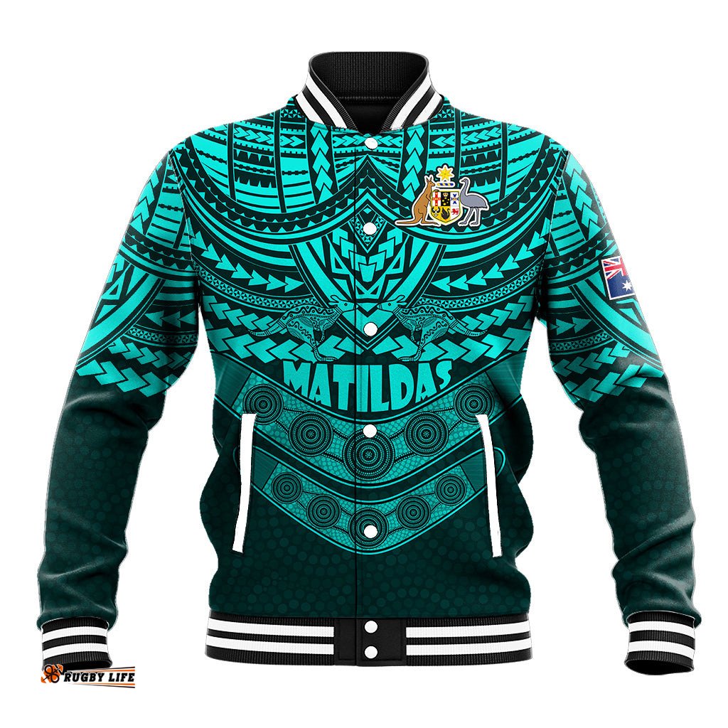 Matildas Soccer Baseball Jacket Polynesian and Aboriginal Turquoise Vibe