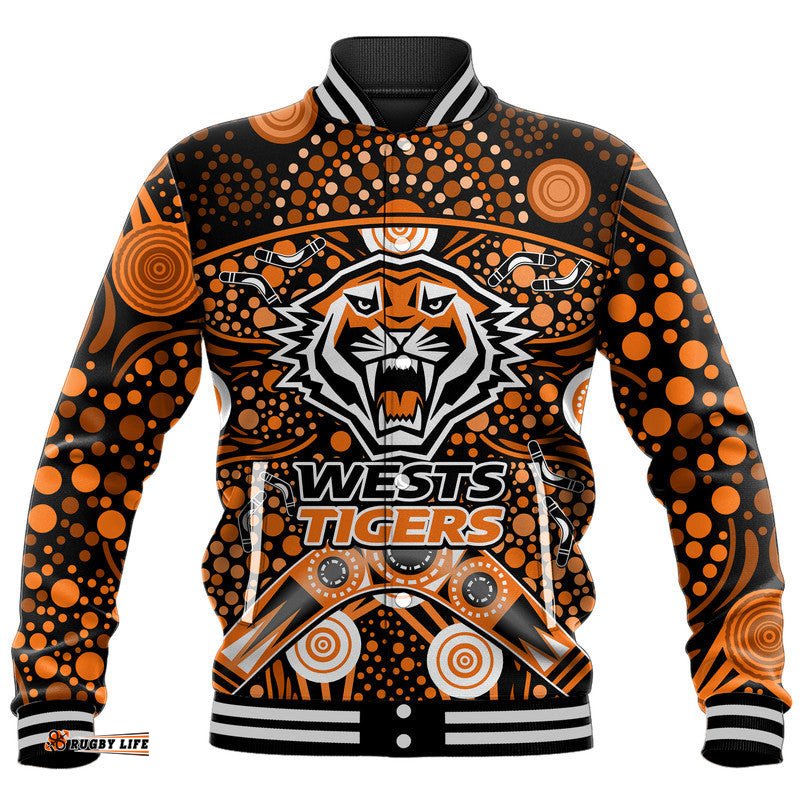 Custom Personalised Wests Tigers Rugby Baseball Jacket Boomerang Indigenous Dots