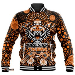 Custom Personalised Wests Tigers Rugby Baseball Jacket Boomerang Indigenous Dots