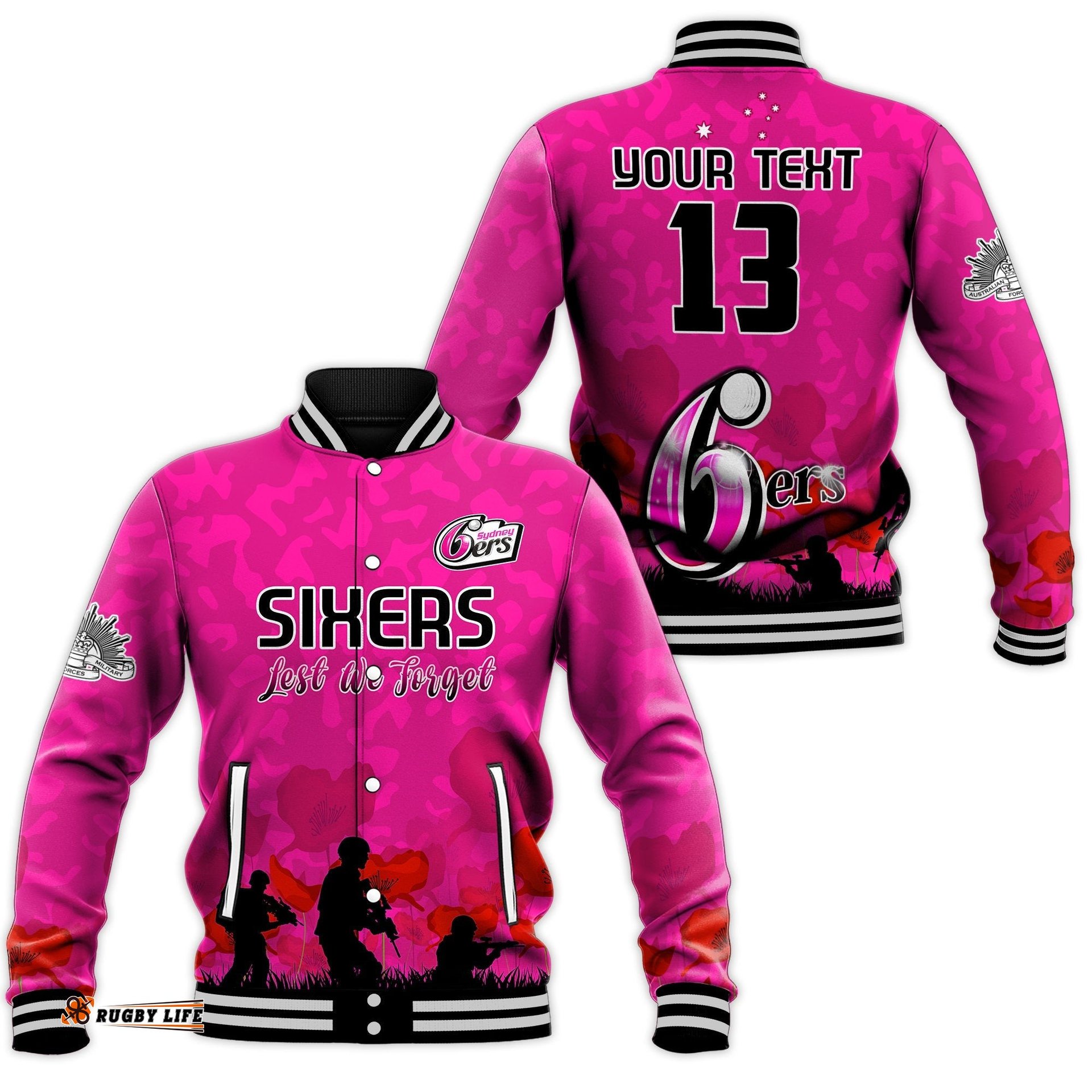 Custom Text and Number Sydney Sixers Cricket Baseball Jacket Anzac Day Camouflage Poppy Lest We Forget