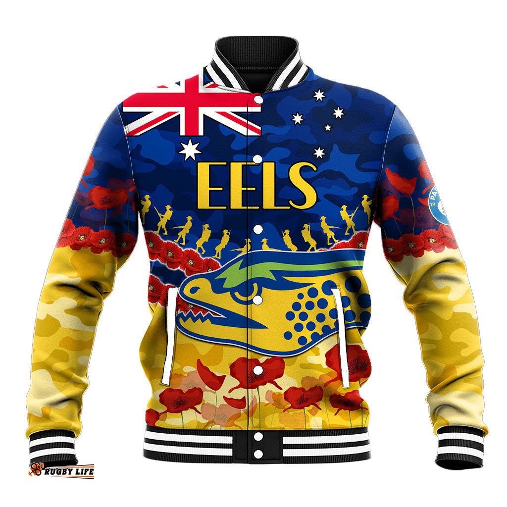 Custom Text And Number Eels Rugby ANZAC Baseball Jacket Lest We Forget