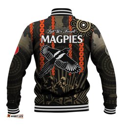 ANZAC Collingwood Football Baseball Jacket Proud To Be Magpies Poppy Flowers and Aboriginal Version