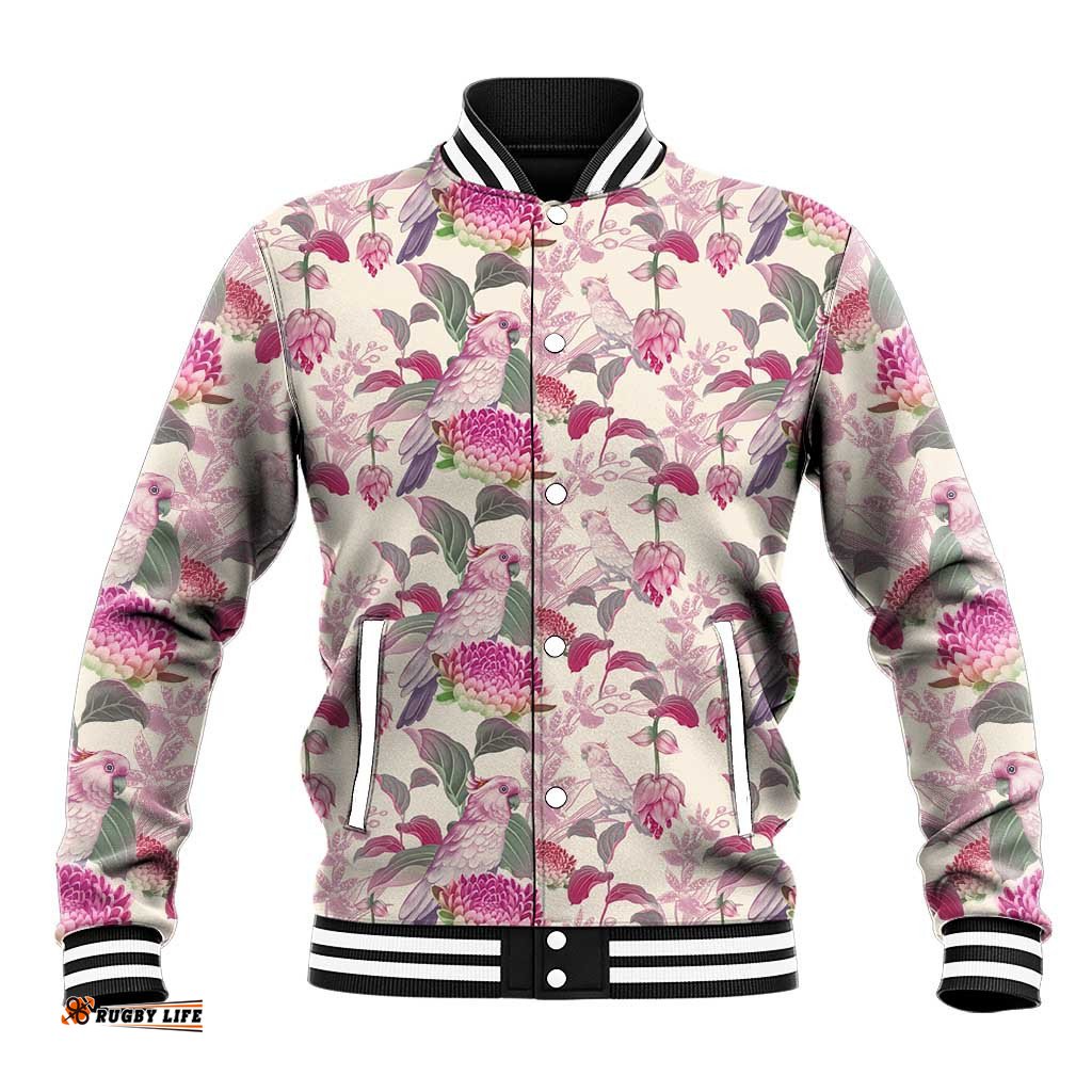 Pink Cockatoo Australia Baseball Jacket Tropical Flowers - Seamless Pattern