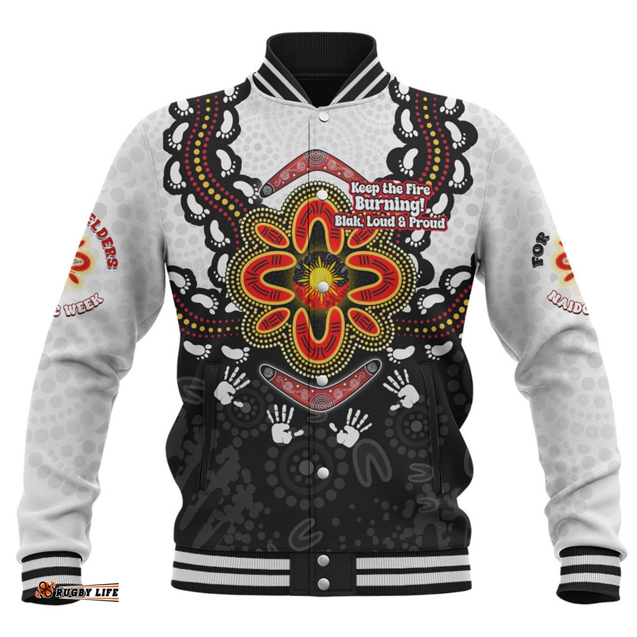 Australia Baseball Jacket Aboriginal Inspired Naidoc Symbol Pattern White