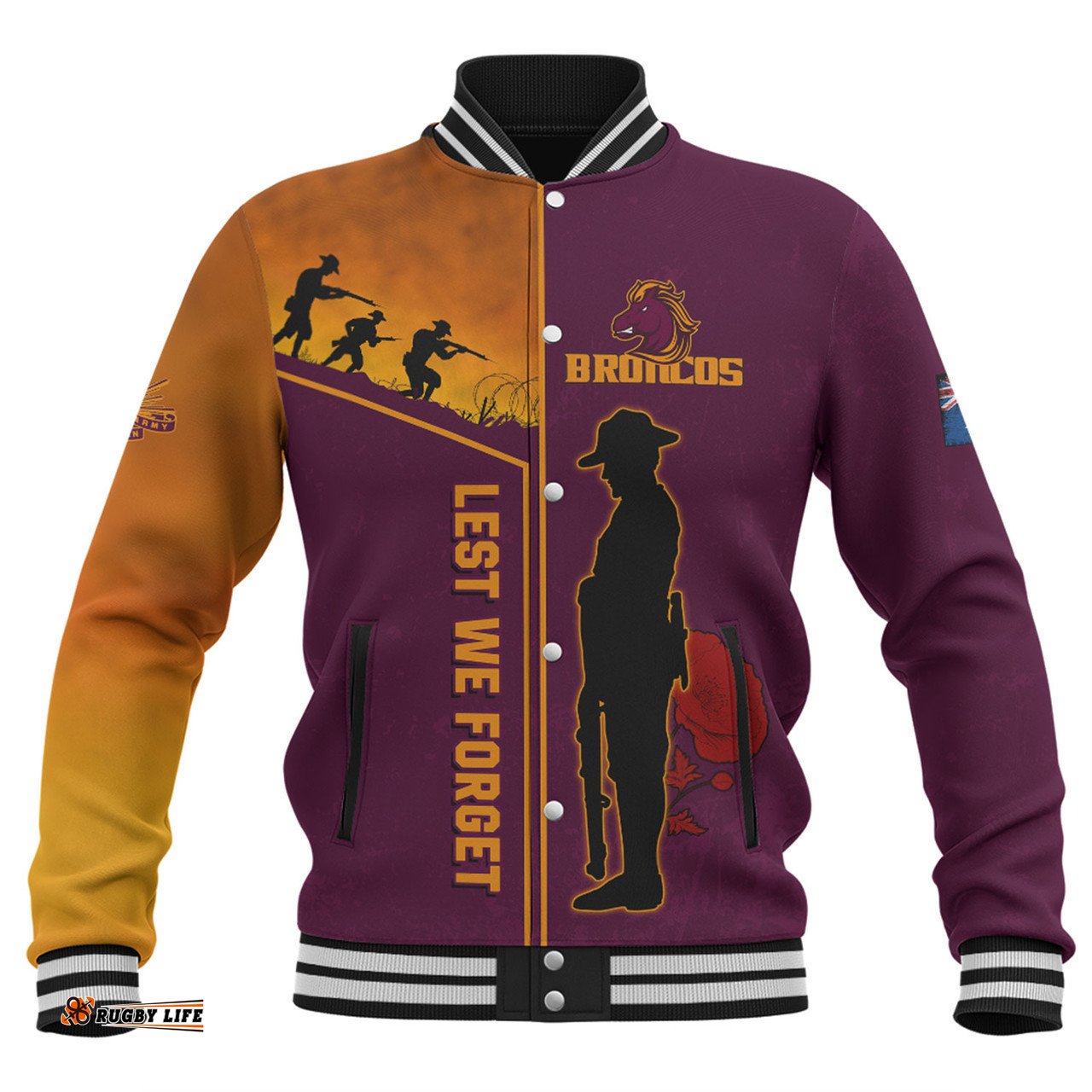 Brisbane Broncos Baseball Jacket - Anzac Day Lest We Forget Poppy