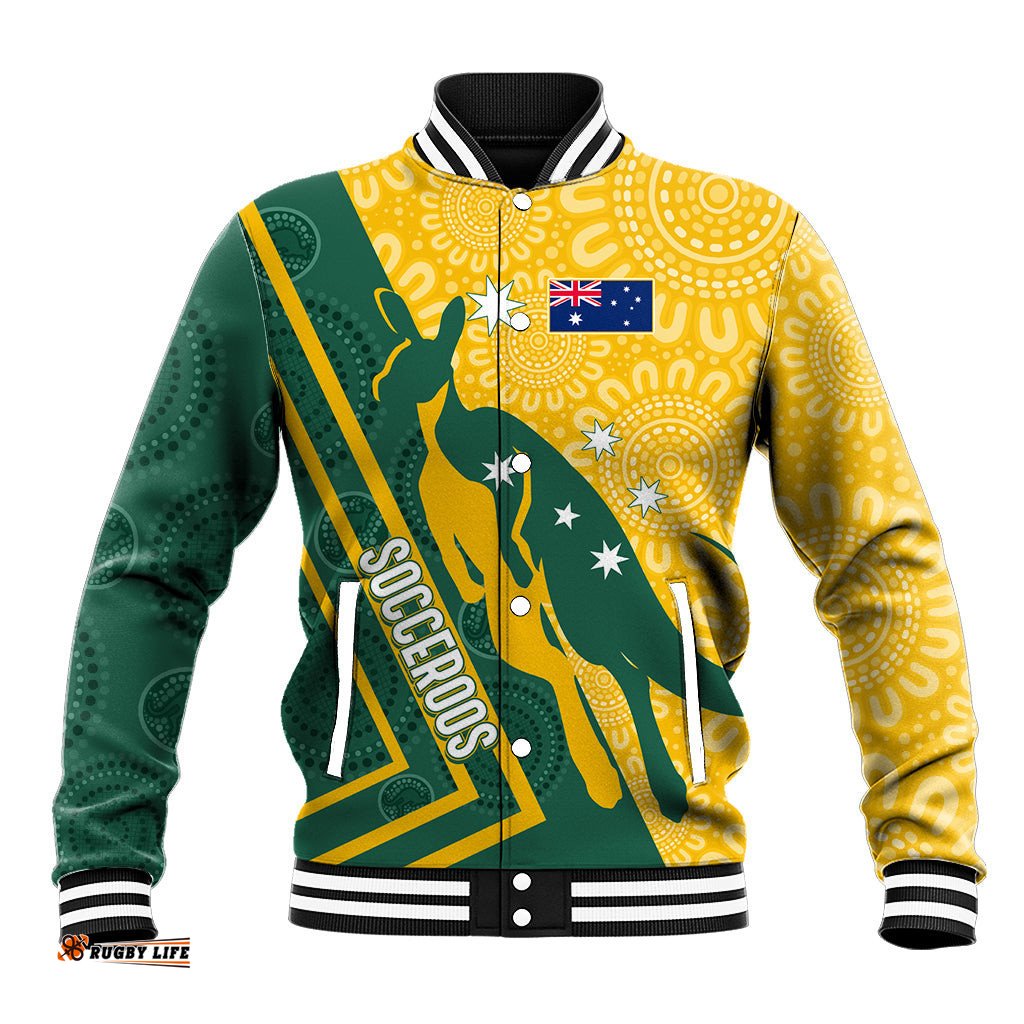 Personalised Australia Socceroos Indigenous Baseball Jacket Green & Gold