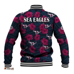 Sea Eagles Rugby Baseball Jacket Polynesian Style With Hibiscus